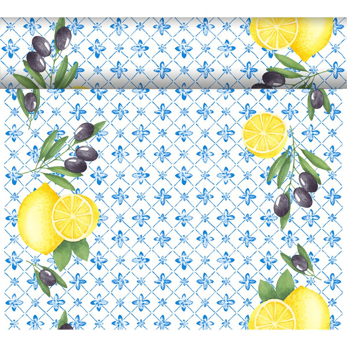 The Dunicel Tête-à-Tête table runner (24 m x 0.4 m) from Duni GmbH features a blue floral pattern with lemons, green leaves, and black olives—perfect for an elegant table setting.