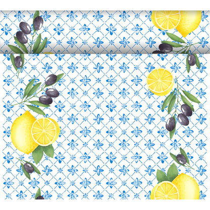 The Dunicel Tête-à-Tête table runner (24 m x 0.4 m) from Duni GmbH features a blue floral pattern with lemons, green leaves, and black olives—perfect for an elegant table setting.