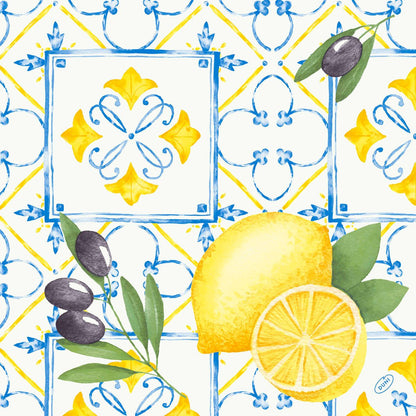 A seamless watercolor pattern with lemons, slices, olives, and leaves on blue-yellow geometric tiles - ideal for Dunisoft napkins 40 x 40 cm 1/4 fold by Duni GmbH.