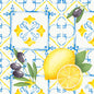 A seamless watercolor pattern with lemons, slices, olives, and leaves on blue-yellow geometric tiles - ideal for Dunisoft napkins 40 x 40 cm 1/4 fold by Duni GmbH.