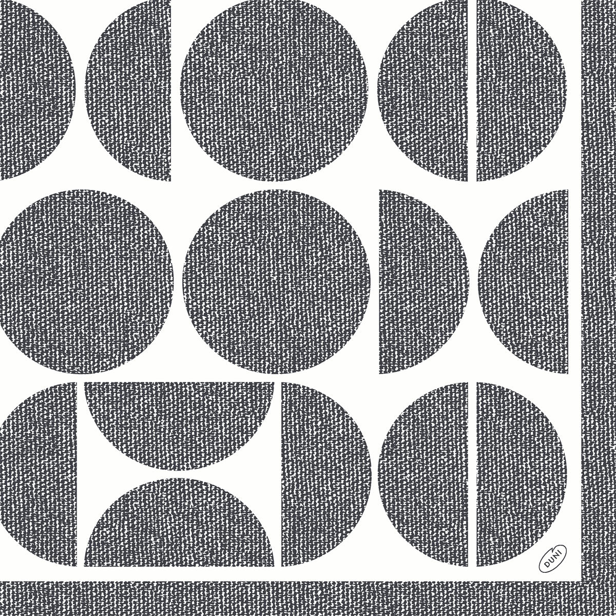 A striking geometric pattern of black circles and semicircles with crosshatching adorns the Dunisoft napkins 40 x 40 cm 1/4 fold by Duni GmbH, black bordered for modern flair.