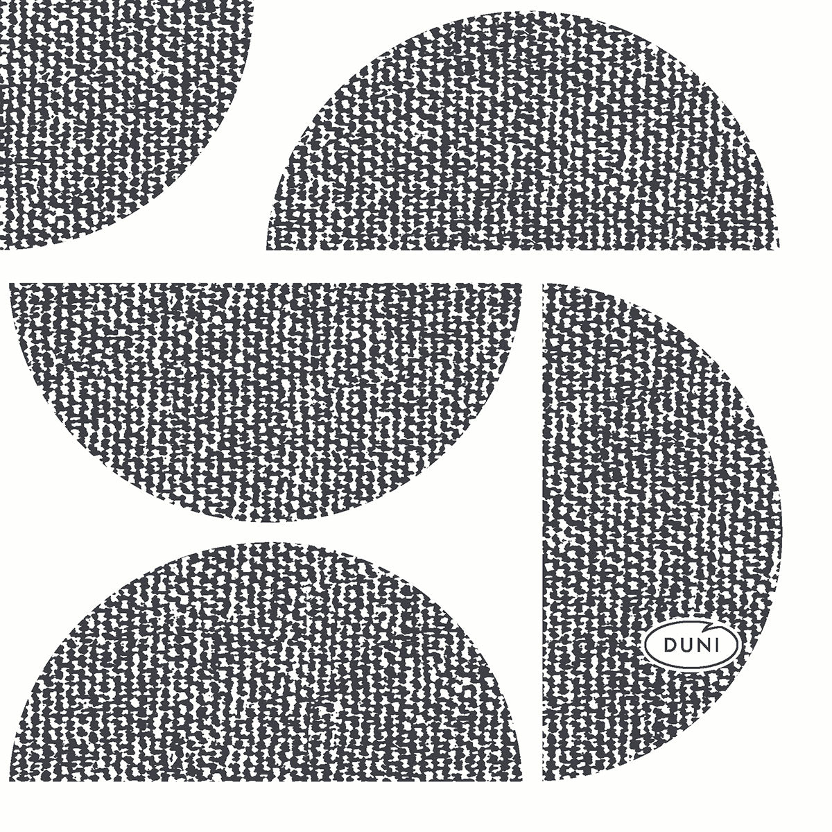 Four black-and-white, textured shapes - a quarter circle, two half circles, and a vertical half circle with the inscription "DUNI" - are on a plain background, reflecting the elegant style of the Dunisoft napkins 20 x 20 cm from Duni GmbH.