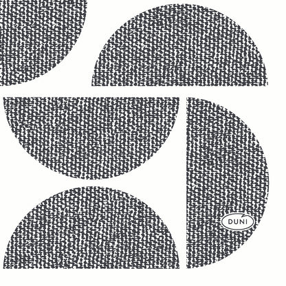 Four black-and-white, textured shapes - a quarter circle, two half circles, and a vertical half circle with the inscription "DUNI" - are on a plain background, reflecting the elegant style of the Dunisoft napkins 20 x 20 cm from Duni GmbH.