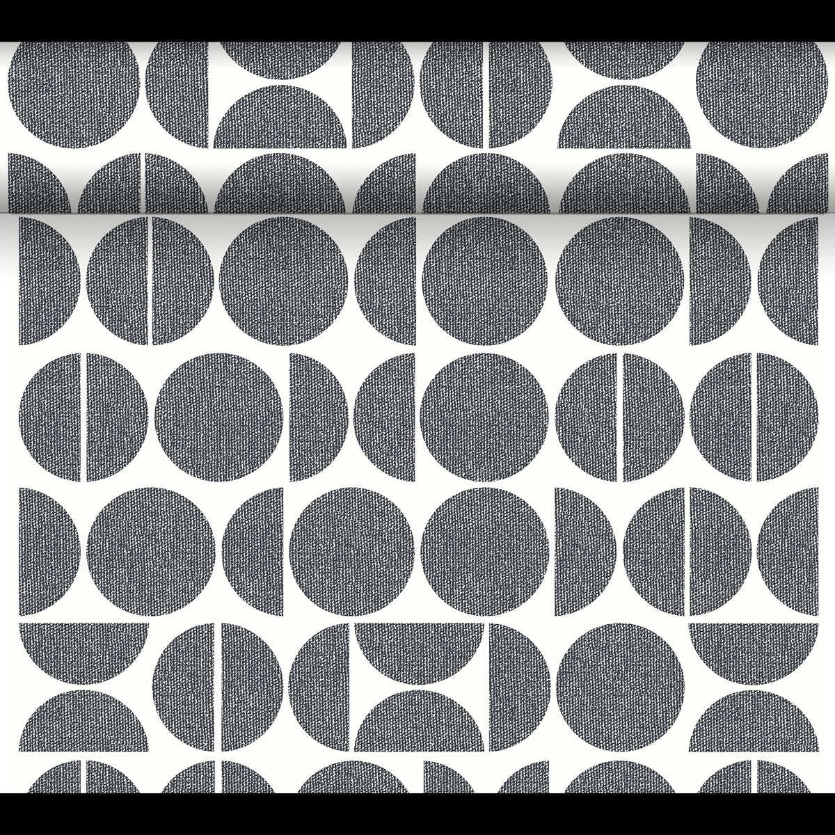 The Dunicel Tête-à-Tête table runner (24 m x 0.4 m, 20 sections) from Duni GmbH features black and white geometric patterns—full circles, semicircles, and segmented circles—ideal for a modern tête-à-tête table setting.
