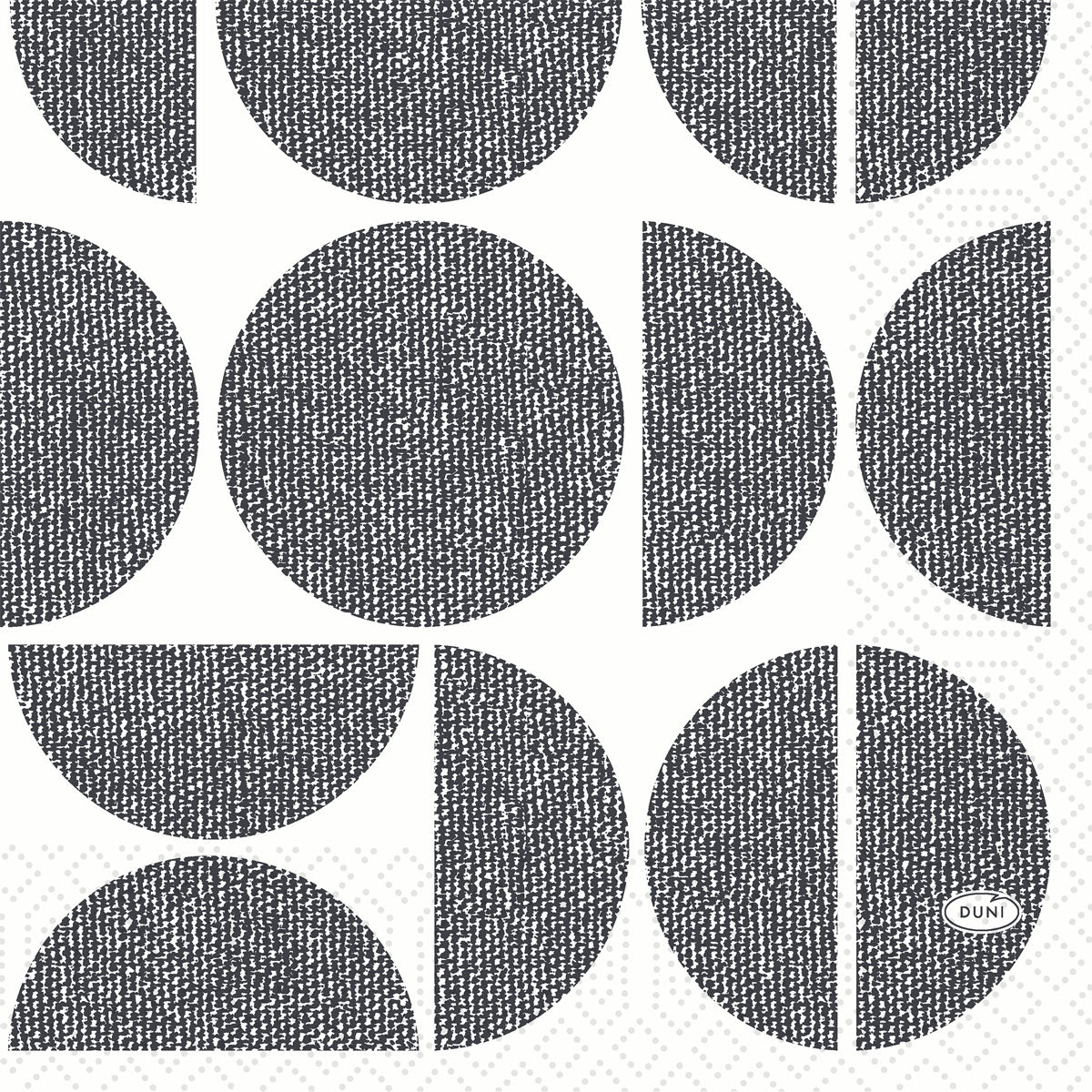 The Duni GmbH Zellt.Serv.33x33 3-ply 1/4 forms show black textured circles, semicircles, and quarter circles on white, a woven design and an oval "DUNI" logo, versatile in use. Size: 33x33 cm. Package: 250 napkins.
