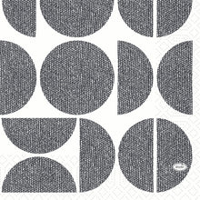 The Duni GmbH Zellt.Serv.33x33 3-ply 1/4 forms show black textured circles, semicircles, and quarter circles on white, a woven design and an oval "DUNI" logo, versatile in use. Size: 33x33 cm. Package: 250 napkins.