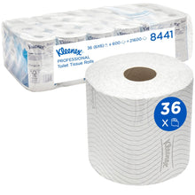 A large pack of Kleenex® toilet paper from Kimberly-Clark GmbH: 6 packs with 6 small rolls each (600 sheets per roll), pictured in front of a box. The packaging shows product information and the number "36" in a blue circle.