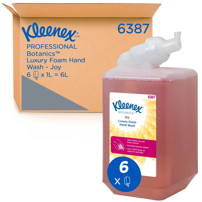 A red 1-liter cassette of Kleenex® Botanics™ Luxury Foam Hand Wash from Kimberly-Clark GmbH stands in front of a "6387" box containing six 1-liter cassettes, with visible branding and plant-based ingredients.