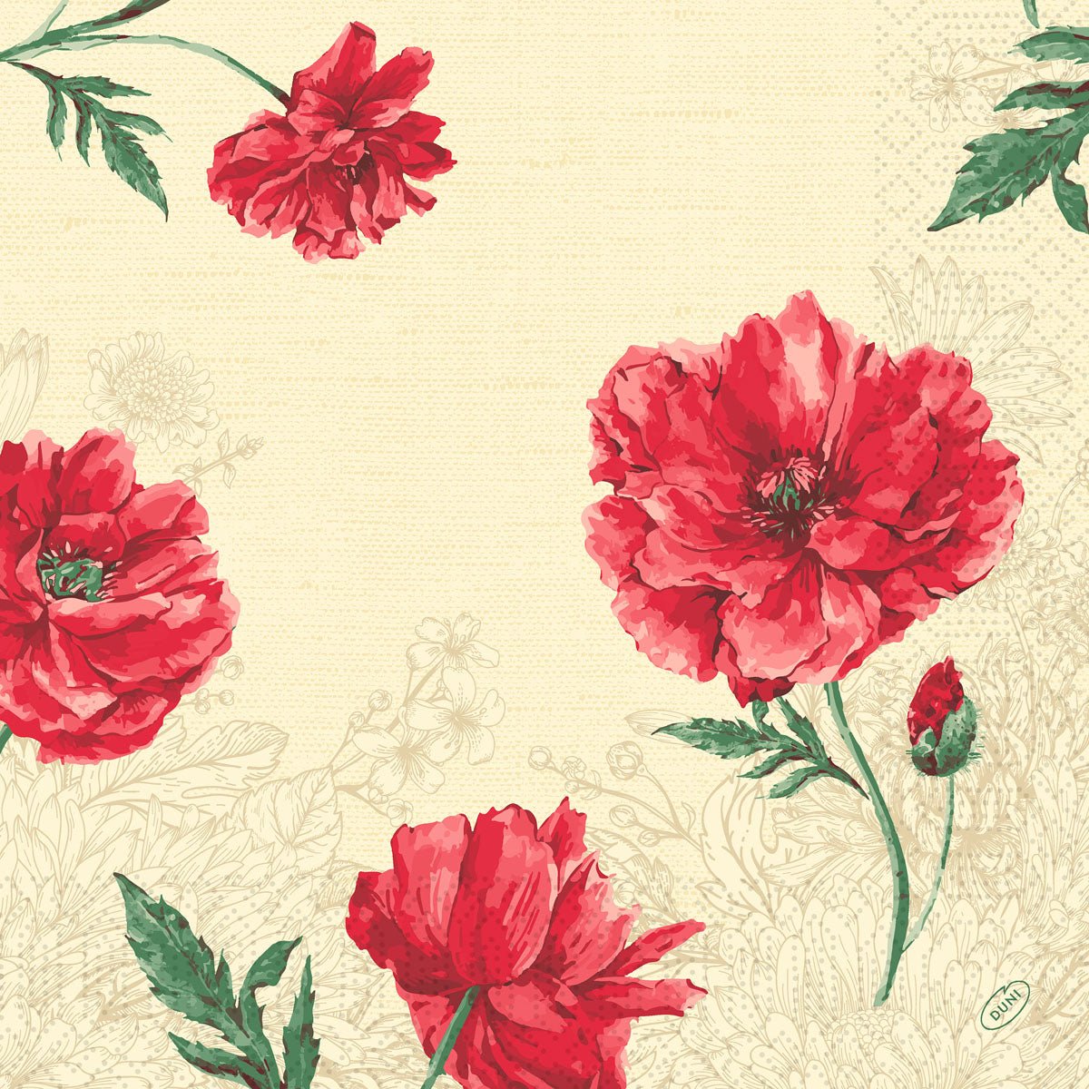 Vintage hand-painted Monique Design: large red flowers with green leaves on a beige, delicate floral background. Duni GmbH Zellt napkins, 3-ply, 40x40 cm, pack of 250 pieces.
