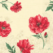Vintage hand-painted Monique Design: large red flowers with green leaves on a beige, delicate floral background. Duni GmbH Zellt napkins, 3-ply, 40x40 cm, pack of 250 pieces.