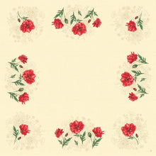 The Dunicel table cover 84x84 cm Monique by Duni GmbH has a beige background with red and pink carnations and green leaves, forming a soft, eco-friendly floral border along the edges, leaving the center empty. Package (20 pieces).