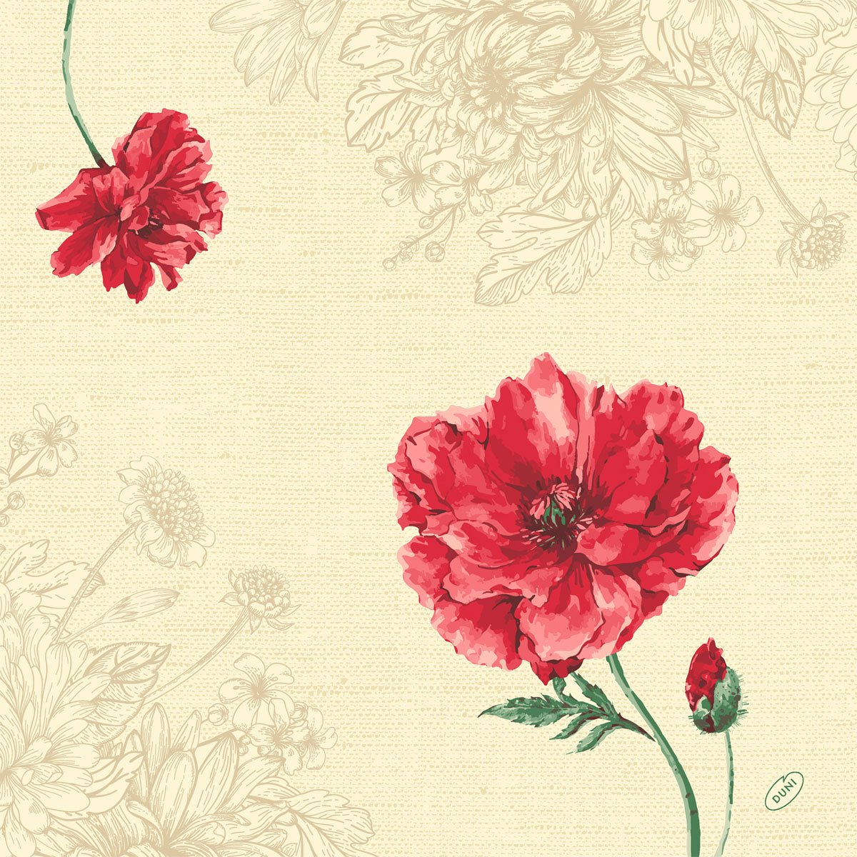 The Dunisoft napkins 40 x 40 cm 1/4 fold by Duni GmbH feature a beige background with sketched flowers, two bright red blossoms, and a bud on a green stem - perfect for adding elegance to any set table.