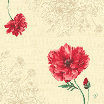 The Dunisoft napkins 40 x 40 cm 1/4 fold by Duni GmbH feature a beige background with sketched flowers, two bright red blossoms, and a bud on a green stem - perfect for adding elegance to any set table.