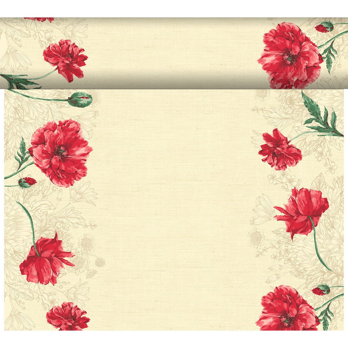 The Dunicel Tête-à-Tête table runner, measuring 24 m x 0.4 m (20 sections), from Duni GmbH features a beige background with red poppies and green stems along the edges, making it ideal for an elegant table setting or a charming tête-à-tête arrangement.
