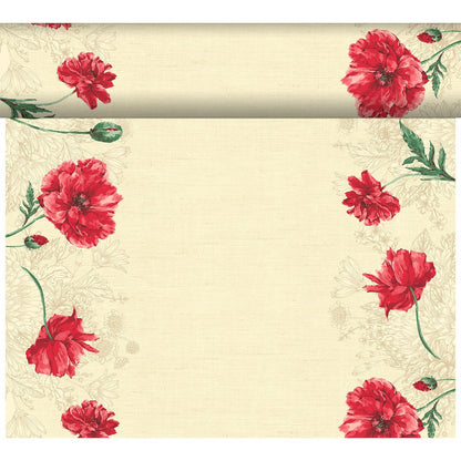 The Dunicel Tête-à-Tête table runner, measuring 24 m x 0.4 m (20 sections), from Duni GmbH features a beige background with red poppies and green stems along the edges, making it ideal for an elegant table setting or a charming tête-à-tête arrangement.