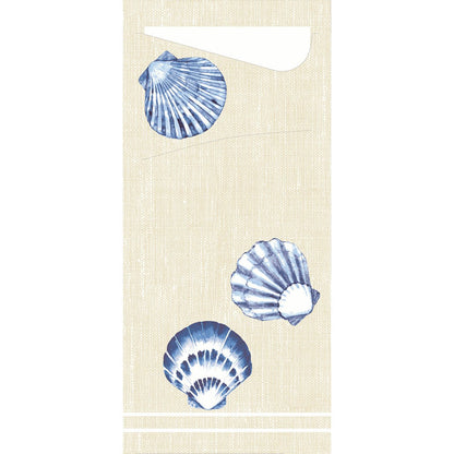 The Sacchetto Zelltuch 190 x 85 mm by Duni GmbH is a beige, rectangular towel with three blue and white shell motifs across the surface, a white corner, and thin white lines at the top and bottom edges.