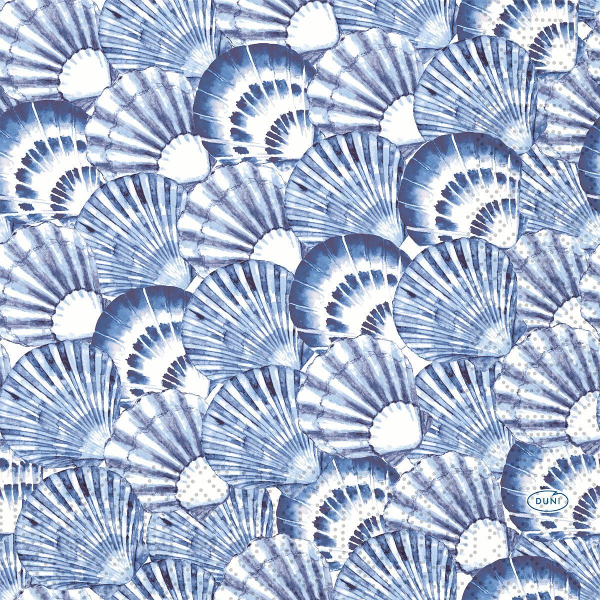 These 33x33 cm, 3-ply tissue napkins from Duni GmbH feature a repeating tide pattern of overlapping blue and white shells with fan shapes. In the bottom right corner, there is a small blue "DUNI" logo. Each pack contains 50 napkins.
