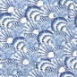 These 33x33 cm, 3-ply tissue napkins from Duni GmbH feature a repeating tide pattern of overlapping blue and white shells with fan shapes. In the bottom right corner, there is a small blue "DUNI" logo. Each pack contains 50 napkins.