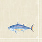 On the classic napkins 40 x 40 cm 4-ply, embossed 1/4 fold by Duni GmbH is a blue-silver fish with orange accents on a textured beige background with white border lines.