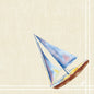 A watercolor sailboat with blue and yellow sails on a beige, textured background, white border lines, and an oval label - ideal for Dunisoft napkins 40 x 40 cm 1/4 fold by Duni GmbH.
