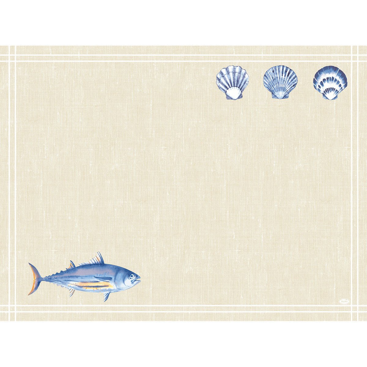 A beige textured Dunicel set (30x40 cm) from Duni GmbH in the "Tide" design: thin white borders, blue fish (bottom left), three blue shells (top right). Ideal for festive table decoration. The center remains free. Pack of 100 pieces.