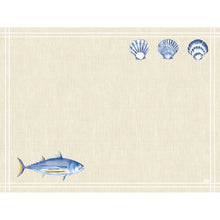A beige textured Dunicel set (30x40 cm) from Duni GmbH in the "Tide" design: thin white borders, blue fish (bottom left), three blue shells (top right). Ideal for festive table decoration. The center remains free. Pack of 100 pieces.