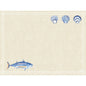 A beige textured Dunicel set (30x40 cm) from Duni GmbH in the "Tide" design: thin white borders, blue fish (bottom left), three blue shells (top right). Ideal for festive table decoration. The center remains free. Pack of 100 pieces.