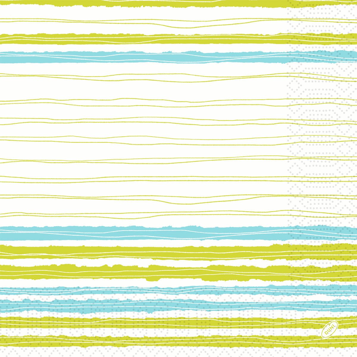 The Duni GmbH Zellt napkins 40x40 cm, 3-ply, Elise stripes show yellow and light blue horizontal stripes on white with a "Built" logo and are delivered in a pack of 250 napkins.