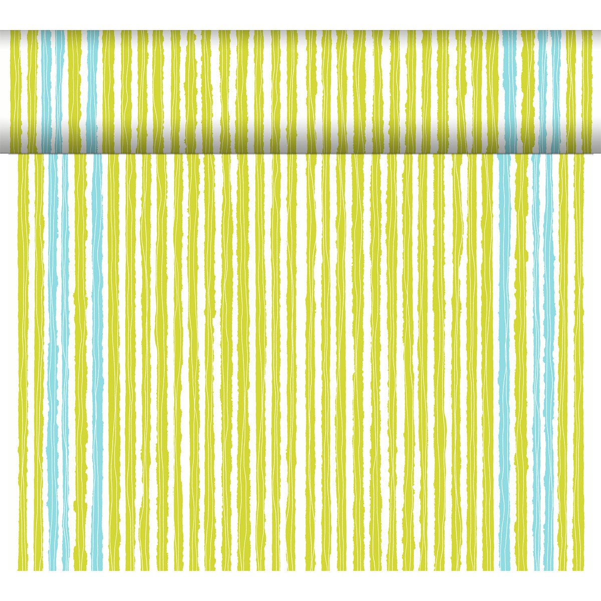A roll of wallpaper featuring hand-painted vertical stripes in yellow, green, and light blue—perfect for creative table decorations or paired with the Dunicel “Tête-à-Tête” table runner (24 m x 0.4 m) from Duni GmbH.