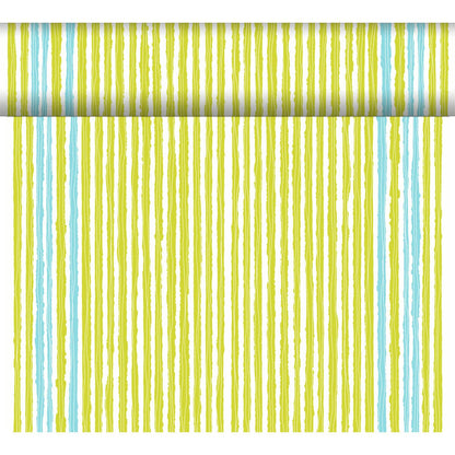 A roll of wallpaper featuring hand-painted vertical stripes in yellow, green, and light blue—perfect for creative table decorations or paired with the Dunicel “Tête-à-Tête” table runner (24 m x 0.4 m) from Duni GmbH.