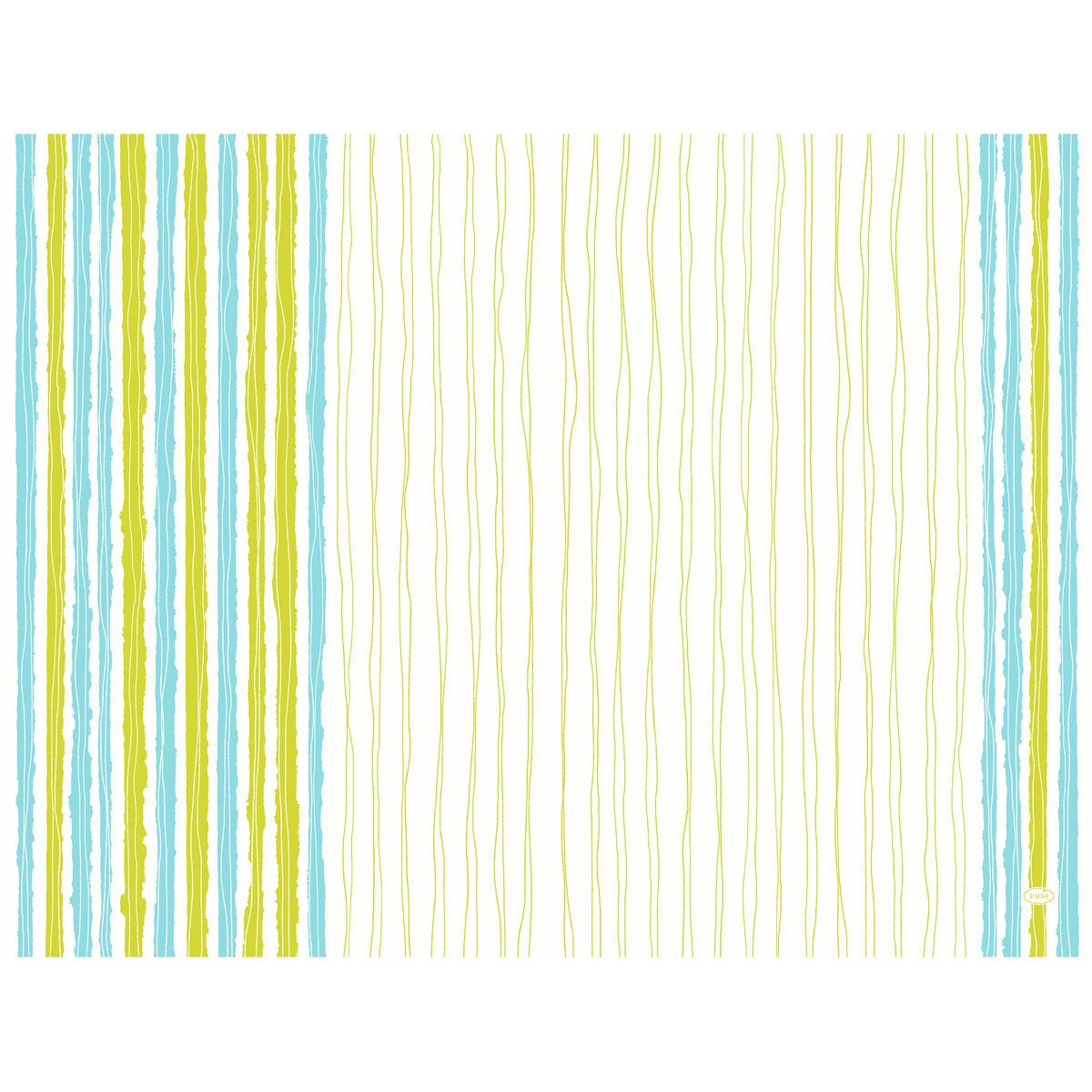 A white background with vertical wave lines shows strong blue and green Elise Stripes on the left, continuous thin yellow-green lines, and a small white logo at the bottom right - ideal as paper placemats Elise Stripes 30x40 cm from Duni GmbH for stylish table decoration (250 pieces).