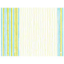 A white background with vertical wave lines shows strong blue and green Elise Stripes on the left, continuous thin yellow-green lines, and a small white logo at the bottom right - ideal as paper placemats Elise Stripes 30x40 cm from Duni GmbH for stylish table decoration (250 pieces).