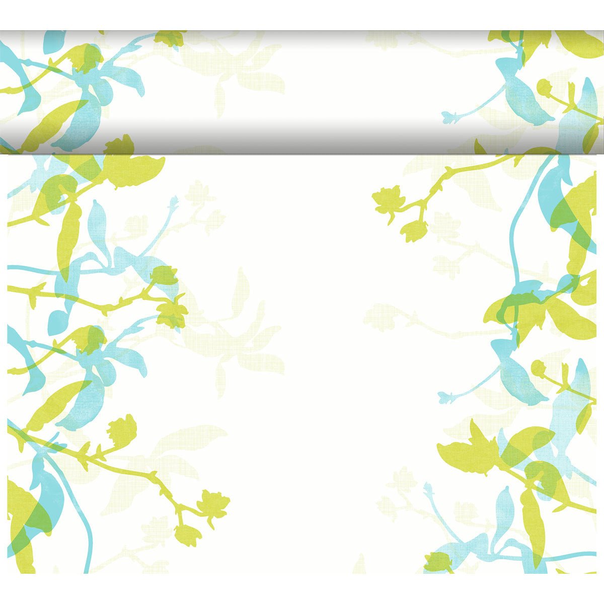 A white tablecloth with a green and blue floral border on three sides pairs perfectly with the Duni GmbH Dunicel Tête-à-Tête table runner (24 m x 0.4 m, 20 sections), making it ideal for a stylish table setting.