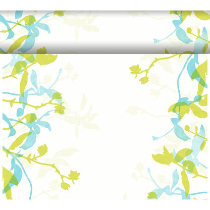 A white tablecloth with a green and blue floral border on three sides pairs perfectly with the Duni GmbH Dunicel Tête-à-Tête table runner (24 m x 0.4 m, 20 sections), making it ideal for a stylish table setting.