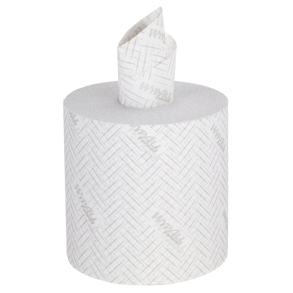 A WypAll® L20 paper wipe from Kimberly-Clark GmbH stands upright with central dispensing for easy access - ideal for industrial cleaning. The white, 2-ply roll (6x550 sheets per carton) has a towel partially pulled from the center.