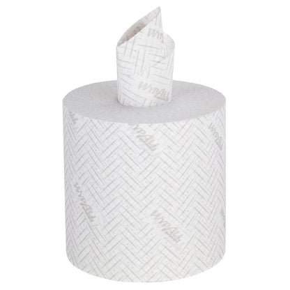 A WypAll® L20 paper wipe from Kimberly-Clark GmbH stands upright with central dispensing for easy access - ideal for industrial cleaning. The white, 2-ply roll (6x550 sheets per carton) has a towel partially pulled from the center.