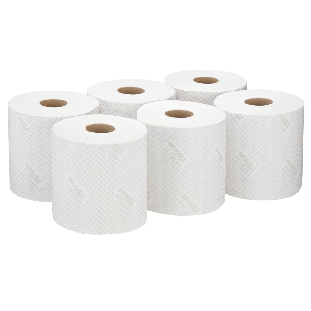 Six white WypAll® L20 paper wipe rolls from Kimberly-Clark GmbH, 2-ply, central dispensing, arranged in two rows of three; each roll holds 550 sheets and has visible cardboard cores in the center.
