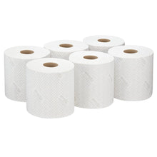 Six white WypAll® L20 paper wipe rolls from Kimberly-Clark GmbH, 2-ply, central dispensing, arranged in two rows of three; each roll holds 550 sheets and has visible cardboard cores in the center.