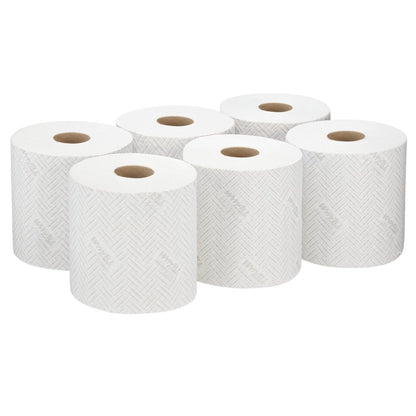 Six white WypAll® L20 paper wipe rolls from Kimberly-Clark GmbH, 2-ply, central dispensing, arranged in two rows of three; each roll holds 550 sheets and has visible cardboard cores in the center.