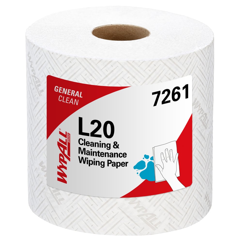 One roll of WypAll® L20 paper wipes, 2-ply, white, from Kimberly-Clark GmbH (6 x 550 sheets), ideal for central dispensing, features a white label with red/blue accents and a hand wipe illustration.