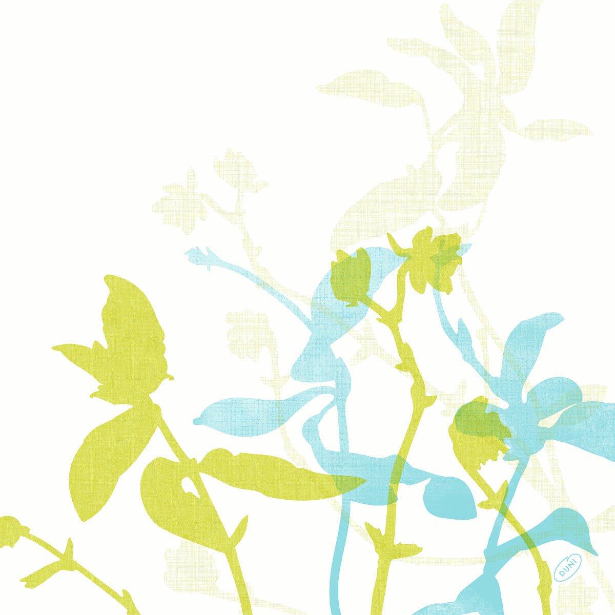 Stylized plant stems and leaves in green, blue, and light yellow overlap on white. A small blue stamp detail marks the lower right edge - ideal for Dunisoft napkins 40 x 40 cm 1/4 fold by Duni GmbH.