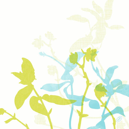 Stylized plant stems and leaves in green, blue, and light yellow overlap on white. A small blue stamp detail marks the lower right edge - ideal for Dunisoft napkins 40 x 40 cm 1/4 fold by Duni GmbH.