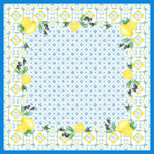 The Dunicel table cover 84x84 cm Mediterranean by Duni GmbH features a square, tile-inspired design with a blue border, lemons, olives, and green leaves in each corner, as well as a blue floral motif in the center. Perfect for a stylish table decoration. Pack (20 pieces).