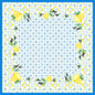 The Dunicel table cover 84x84 cm Mediterranean by Duni GmbH features a square, tile-inspired design with a blue border, lemons, olives, and green leaves in each corner, as well as a blue floral motif in the center. Perfect for a stylish table decoration. Pack (20 pieces).