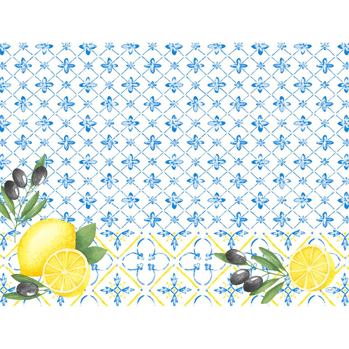 Duni GmbH Paper Placemats 30x40 cm: White background with blue tile pattern, illustrated black olives, branches, and lemon slices. Mediterranean design with yellow accents, ideal for stylish table decoration (250 pieces).