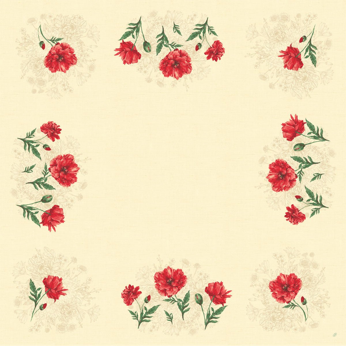 A cream-colored square with a red carnation and green leaf border, perfect as an elegant Dunisilk Monique tablecloth 84x84 cm by Duni GmbH - ideal for stylish table decoration (pack of 20 pieces).