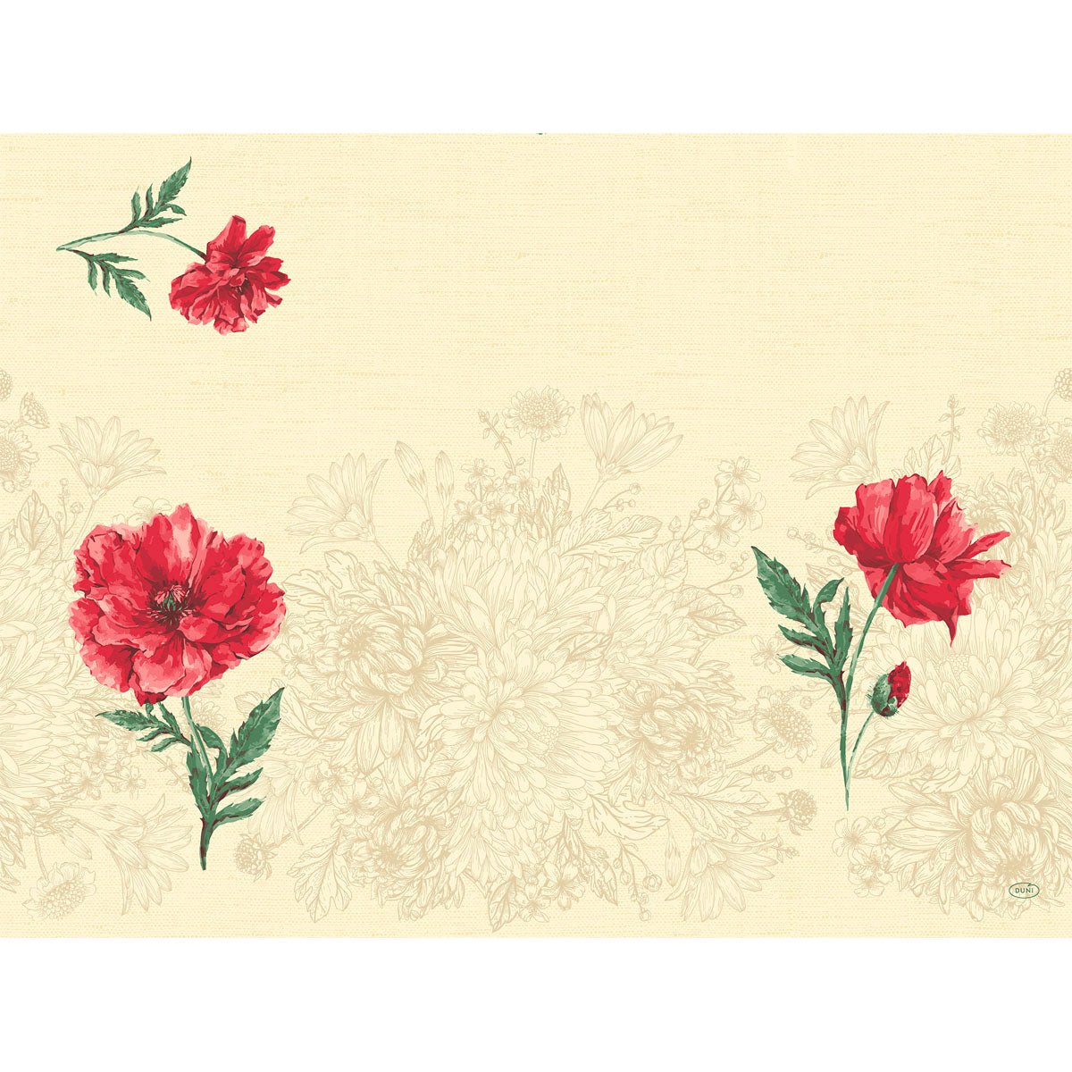 A beige background with light floral contours and three red flowers in the foreground highlights the Dunicel sets 30x40 Monique - high-quality placemats for events (100 pieces) by Duni GmbH, which feature a small red flower in the top left corner.