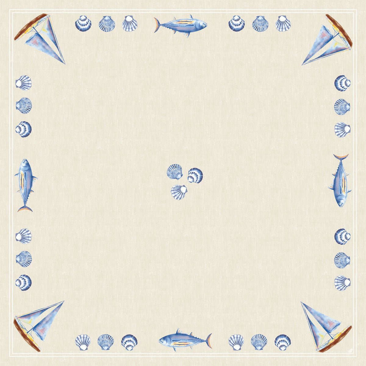 The Dunisilk MD tablecloth 84x84 cm in Tide by Duni GmbH has a square beige design with illustrated blue fish, sailboats, and shell borders as well as shell clusters in the center - perfect for a maritime table decoration (20 pieces/package).