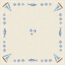 The Dunisilk MD tablecloth 84x84 cm in Tide by Duni GmbH has a square beige design with illustrated blue fish, sailboats, and shell borders as well as shell clusters in the center - perfect for a maritime table decoration (20 pieces/package).