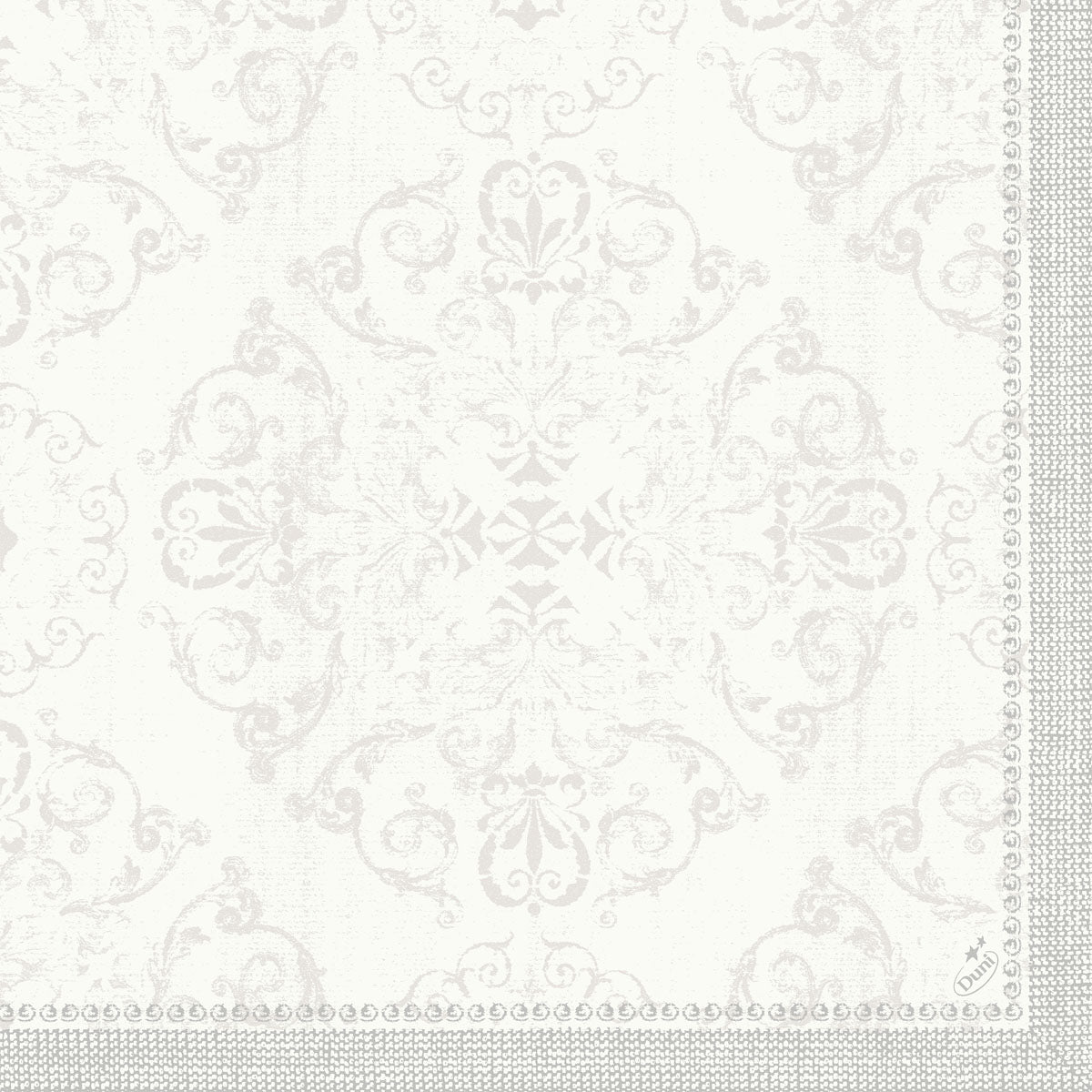 The Dunilin napkins 40 x 40 cm 1/4 fold by Duni GmbH feature a light, ornamental floral and snail pattern with decorative dots and circles, giving any table a subtle, elegant touch with these high-quality napkins.